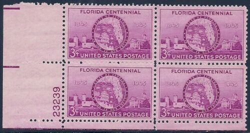 1945 Florida Centennial Plate Block of 4 3c Postage Stamps - MNH, OG - Scott 927