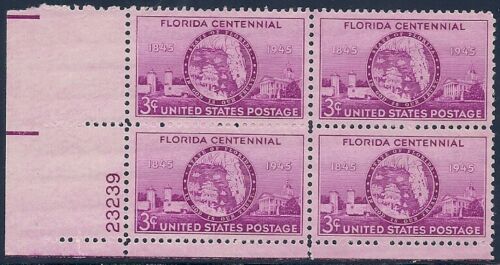 1945 Florida Centennial Plate Block of 4 3c Postage Stamps - MNH, OG - Sc# 927