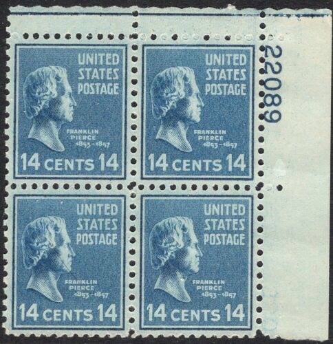 1938 President Franklin Pierce Plate Block of 4 14c Postage Stamps -  Scott 819 - MNH,OG