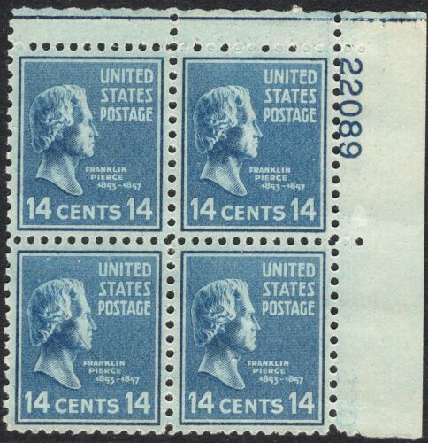 1938 President Franklin Pierce Plate Block of 4 14c Postage Stamps -  Sc# 819 - MNH,OG