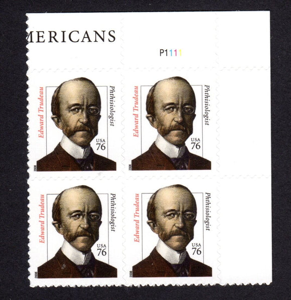 Edward Trudeau Plate Block of 4 76c Postage Stamps - MNH, OG - Sc# 3432a