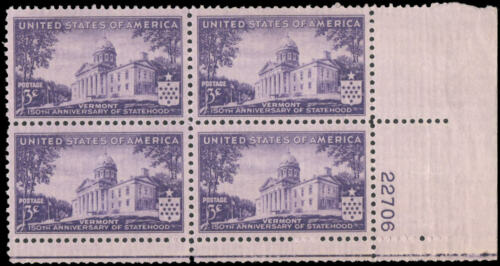 1941 Vermont Statehood Plate Block of 4 3c Postage Stamps - MNH, OG - Scott 903
