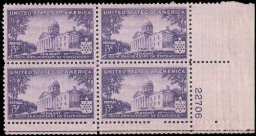 1941 Vermont Statehood Plate Block of 4 3c Postage Stamps - MNH, OG - Sc# 903