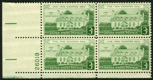 1958 Gunston Hall George Mason Home Plate Block of 4 3c Postage Stamps - Sc# 1108 - MNH, OG - CX584