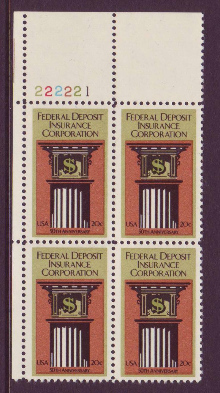 1984 Federal Deposit Insurance Co. FDIC Plate Block of 4 20c Postage Stamps - MNH, OG - Scott 2071