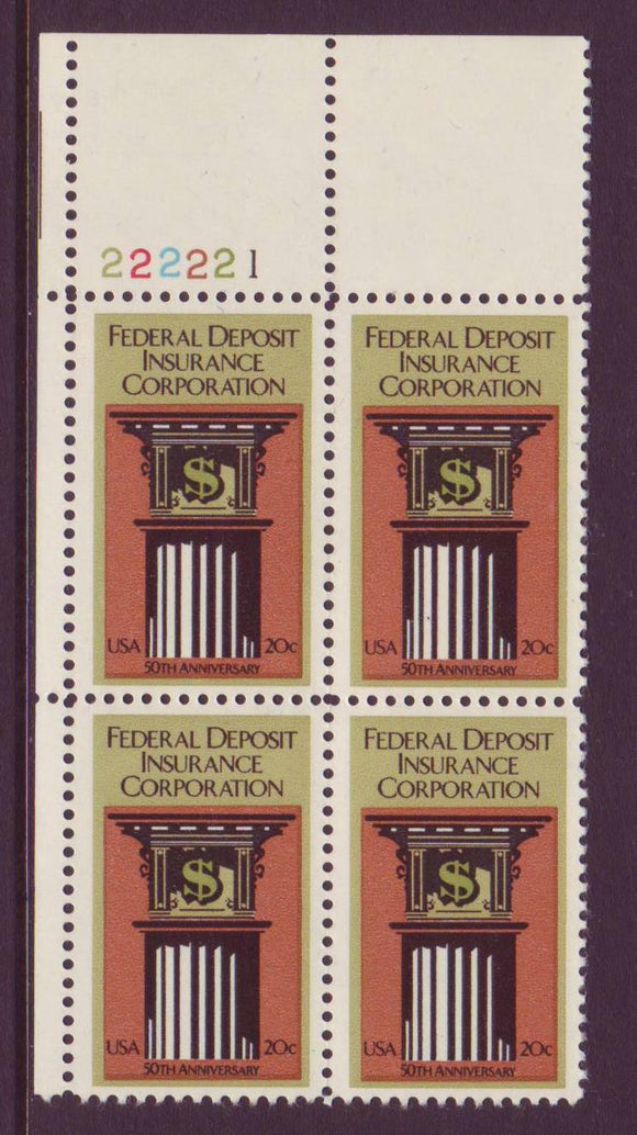 1984 Federal Deposit Insurance Co. FDIC Plate Block of 4 20c Postage Stamps - MNH, OG - Sc# 2071