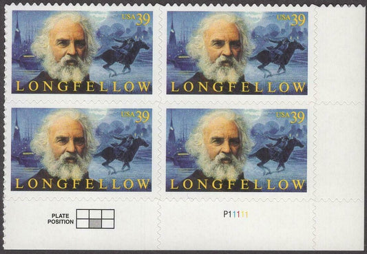 2007 Henry Longfellow Plate Block of 4 39c Postage Stamps Scott 4124 - MNH -CX857