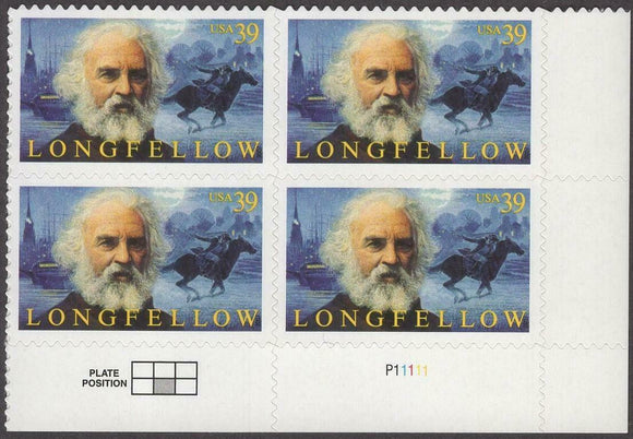 2007 Henry Longfellow Plate Block of 4 39c Postage Stamps - Sc 4124 - MNH -CX857