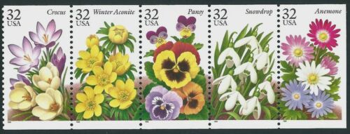 1996 Crocus & Other Garden Flowers Booklet Pane of 5 Postage Stamps Scott 3025-3029 - MNH, OG - CW287