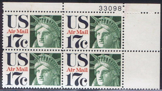 1971 Statue Of Liberty Plate Block Of 4 17c Airmail Postage Stamps - Scott C80 - CV73a