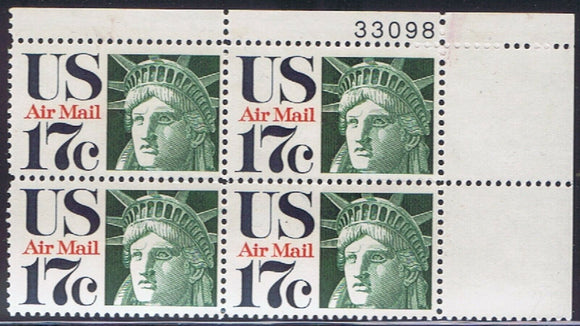 1971 Statue Of Liberty Plate Block Of 4 17c Airmail Postage Stamps - Sc# C80 - CV73a