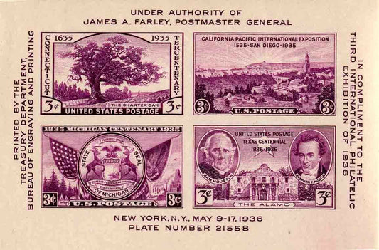 1936 Tipex Philatelic Exhibition Farley -Scott 778 Single Stamp Sheet - MNH - CX802