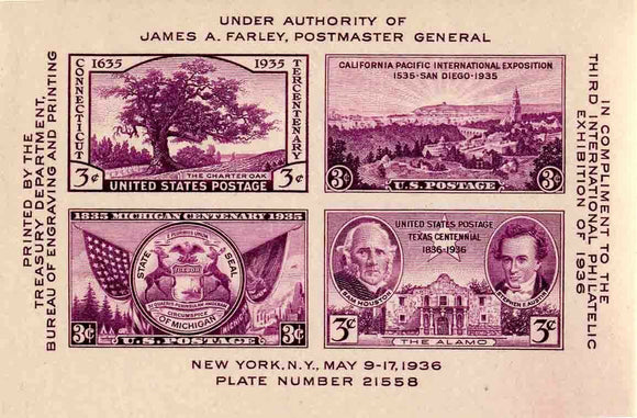 1936 Tipex Philatelic Exhibition Farley -Sc# 778 Single Stamp Sheet - MNH - CX802