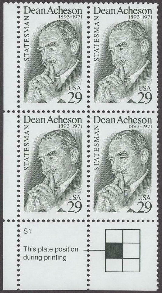 1993 Dean Acheson Plate Block of 4 29c Postage Stamps - MNH, OG - Scott 2755