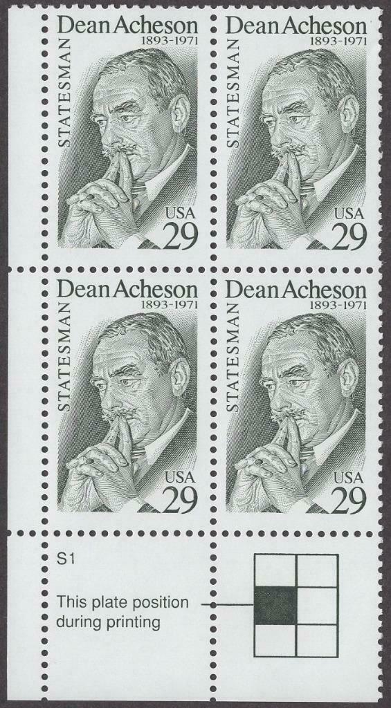 1993 Dean Acheson Plate Block of 4 29c Postage Stamps - MNH, OG - Sc# 2755