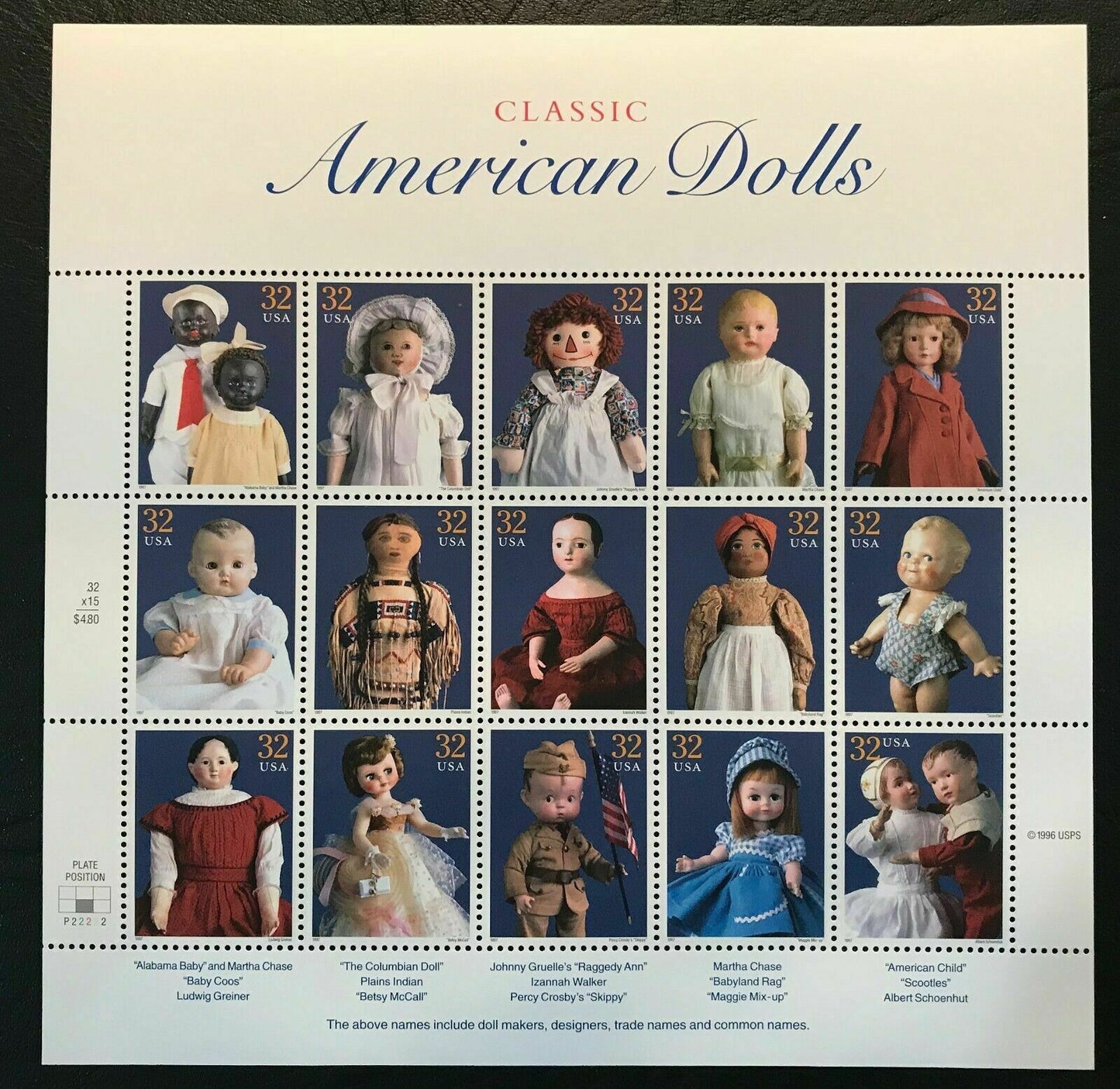 1997 Classic American Dolls Sheet of 15 32c Postage Stamps MNH, OG Scott # 3151 - (CW61a)