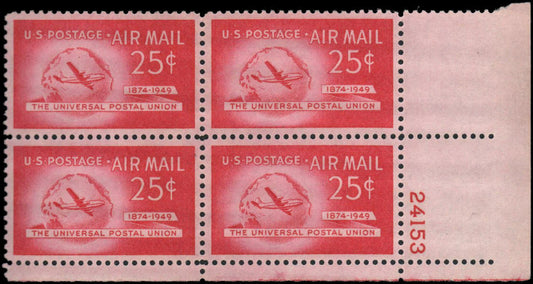 1949 Boeing Stratocruiser Airplane & Globe Airmail Plate Block Of 4 25c Postage Stamps Scott C44 - MNH, OG - CW401a