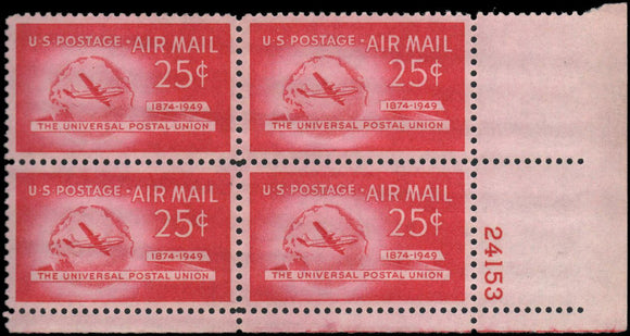 1949 Boeing Stratocruiser Airplane & Globe Airmail Plate Block Of 4 25c Postage Stamps - Sc C44 - MNH, OG - CW401a