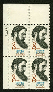 1972 Sidney Lanier American Poet Plate Block Of 4 8c Postage Stamps - Sc# 1446 - MNH, OG - CX551