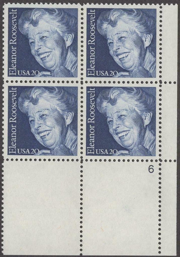 1984 Eleanor Roosevelt Plate Block Of 4 20c Postage Stamps - Sc 2105 - MNH -CW493b