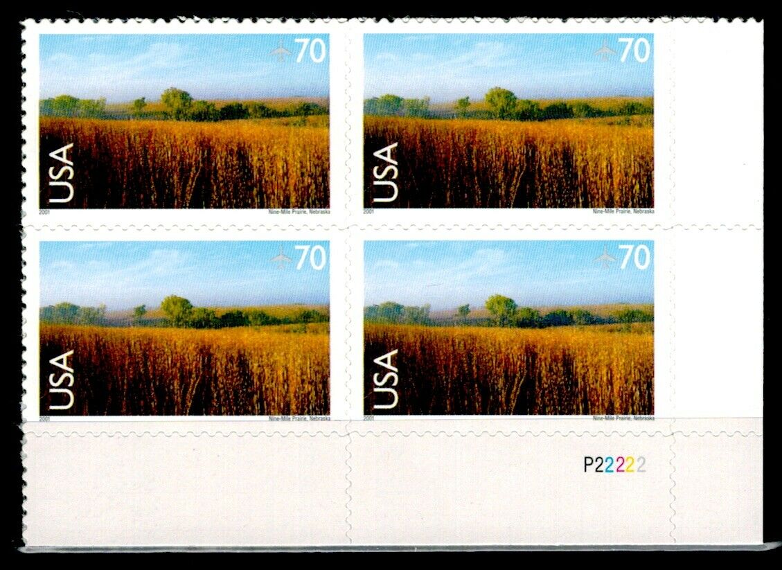 2001 Nine-Mile Prairie, Nebraska Plate Block Of 4 70c Postage Stamps - Scott C136 - DM167