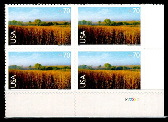2001 Nine-Mile Prairie, Nebraska Plate Block Of 4 70c Postage Stamps - Sc# C136 - DM167