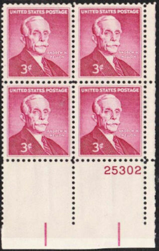 1955 Andrew Mellon Plate Block of 4 3c Postage Stamps - MNH, OG - Scott 1072