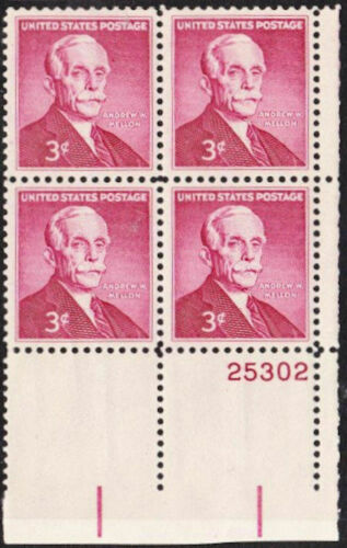 1955 Andrew Mellon Plate Block of 4 3c Postage Stamps - MNH, OG - Sc# 1072