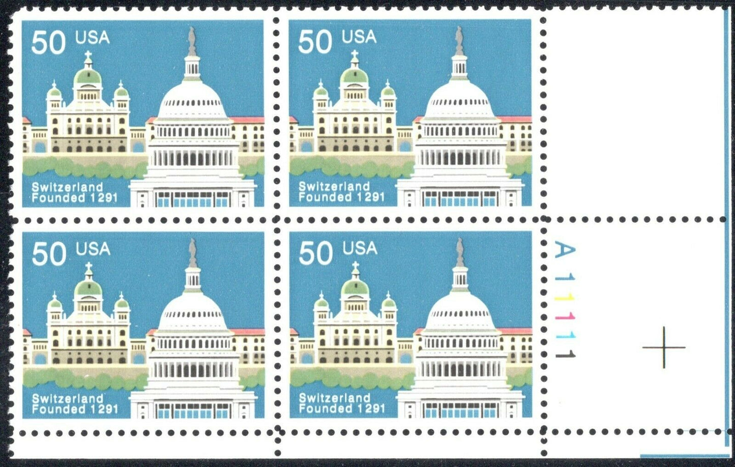 1991 Switzerland 700th Anniversary Plate block Of 4 50c Postage Stamps - Scott 2532 - MNH - CW409b