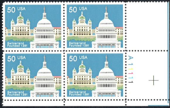 1991 Switzerland 700th Anniversary Plate block Of 4 50c Postage Stamps - Sc# 2532 - MNH - CW409b