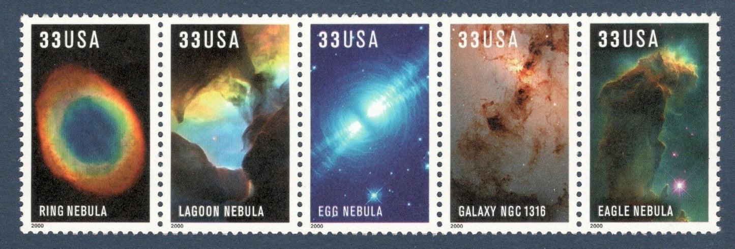 2000 Hubble Space Telescope Images Strip of 5 33c Postage Stamps - MNH, OG - Scott 3384-3388