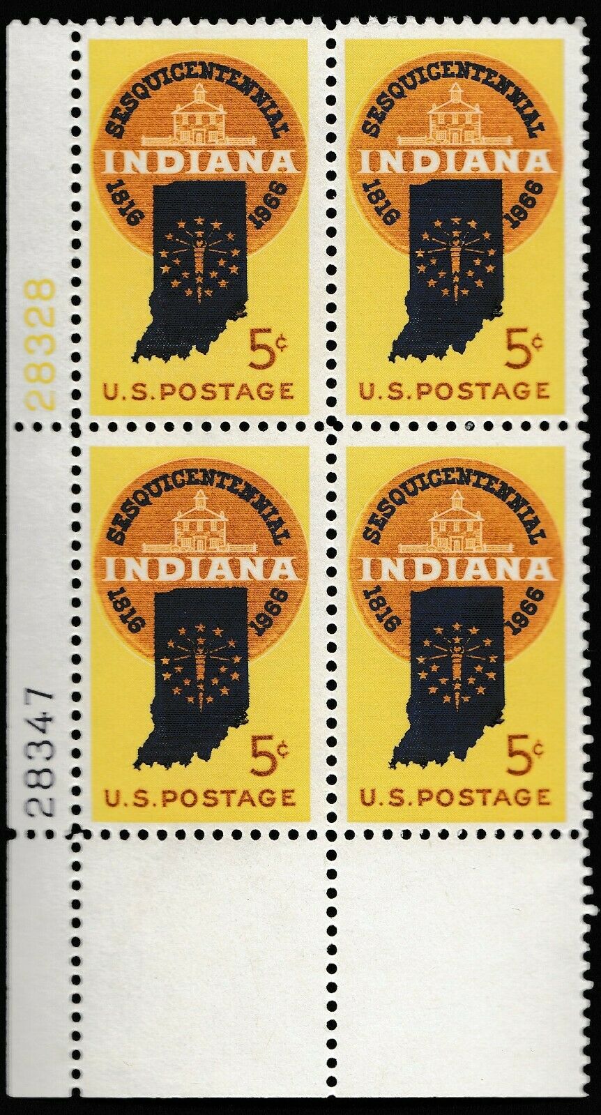 1966 Indiana Statehood Plate Block Of 4 5c Postage Stamps - MNH, OG - Scott 1308`- CX234