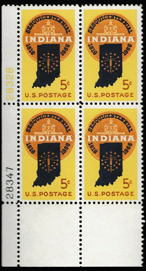 1966 Indiana Statehood Plate Block Of 4 5c Postage Stamps - MNH, OG - Sc# 1308`- CX234