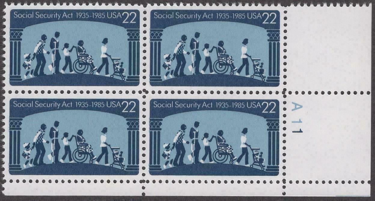 1985 Social Security Act Anniversary Plate Block of 4 22c Postage Stamps - MNH, OG - Scott 2153