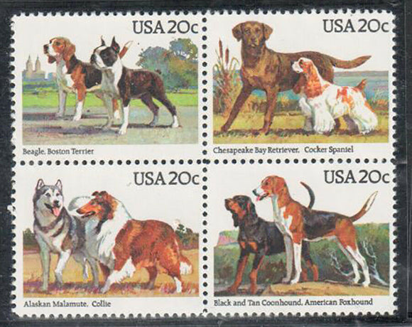 1984 American Dogs Sc 2098-2101 Block Of 4 20c Postage Stamps - MNH - CW210