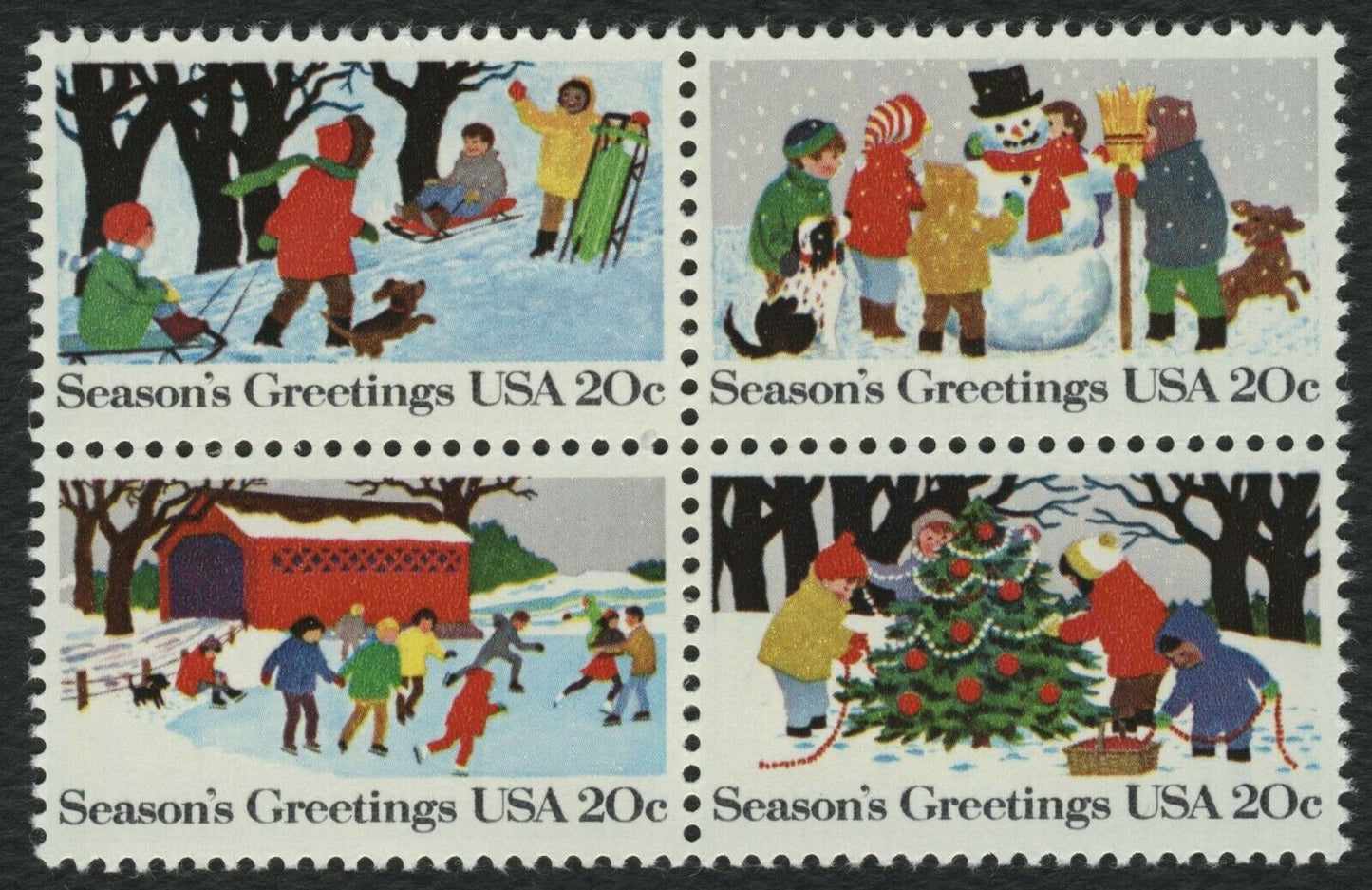 1982 Christmas Seasons Greetings Block of 4 20c Postage Stamps - Scott 2027-2030 - MNH, OG - DS161