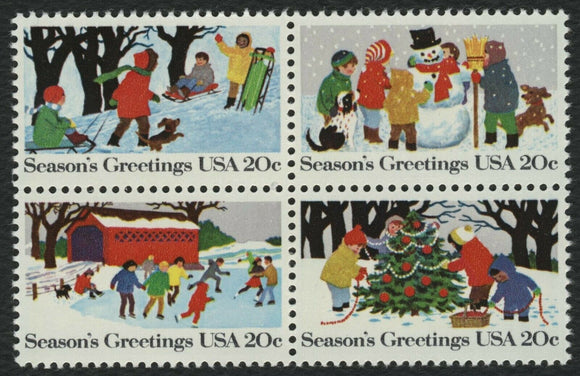 1982 Christmas Seasons Greetings Block of 4 20c Postage Stamps - Sc# 2027-2030 - MNH, OG - DS161