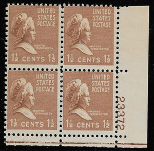 1938 - Martha Washington Plate Block of 4 1 1/2c Postage Stamps -Sc# 805 - MNH, OG - CX566