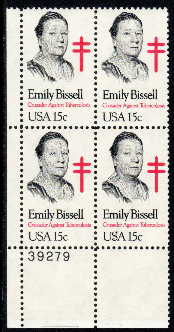 1980 Emily Bissell Tuberculosis Plate Block Of 4 15c Postage Stamps - Sc# 1823 - MNH, OG - CT53b