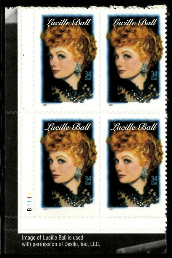 2001 Lucille Ball Plate Block of 4 34c Postage Stamps - Sc# - 3523 - MNH, OG - CX696
