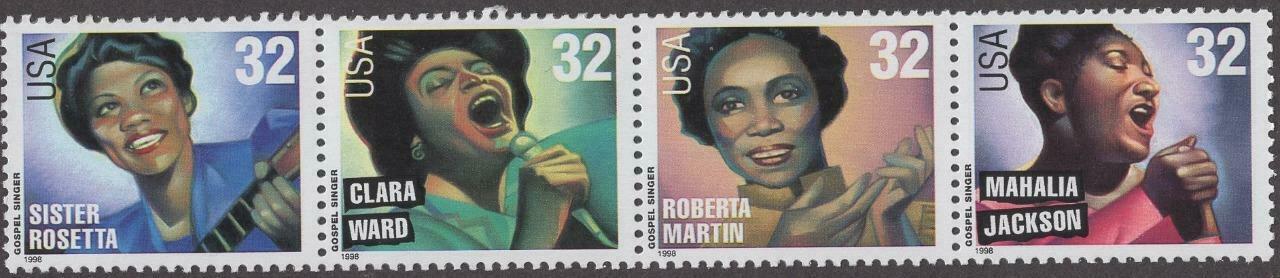 1998 Gospel Singers Strip of 4 32c Postage Stamps - Scott 3216-3219 - MNH, OG - CW352b