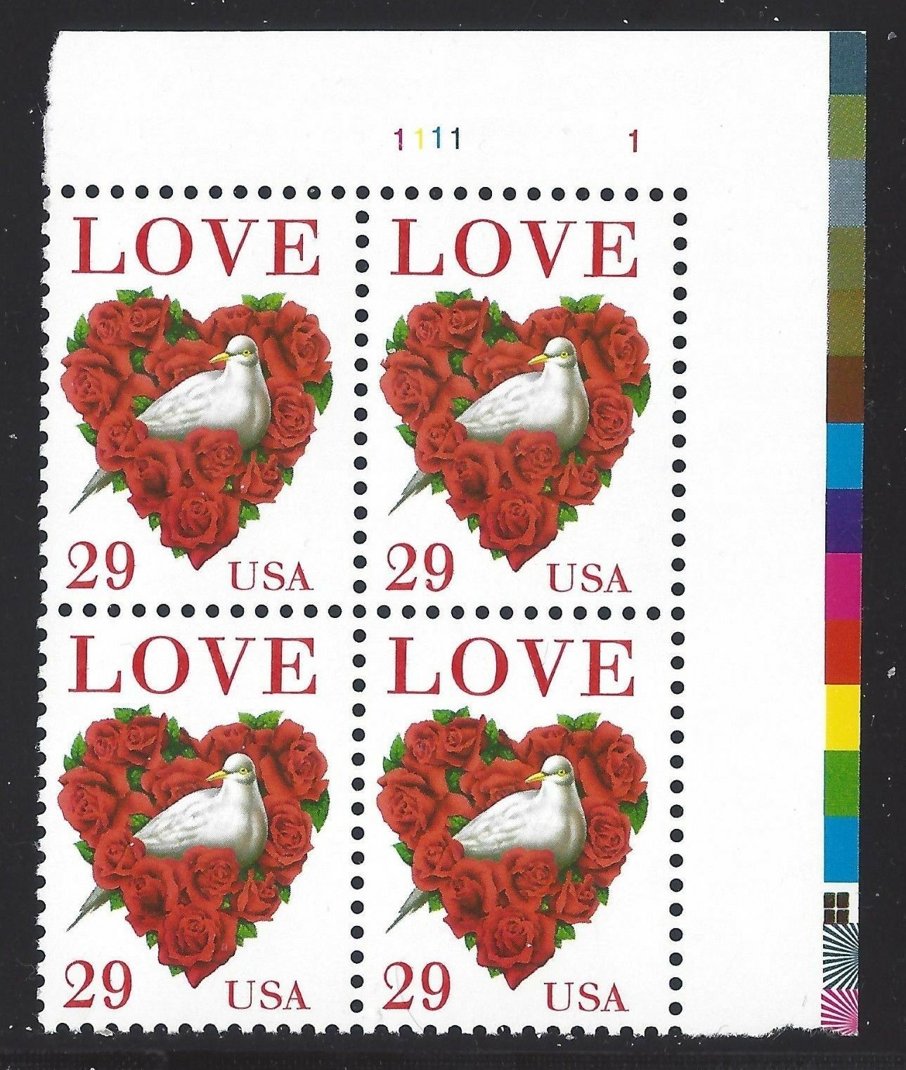 1994 Love Bird Valentine's Plate Block of 4 29c Postage Stamps - MNH, OG - Scott 2814