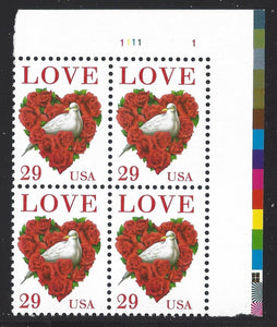 1994 Love Bird Valentine's Plate Block of 4 29c Postage Stamps - MNH, OG - Sc# 2814