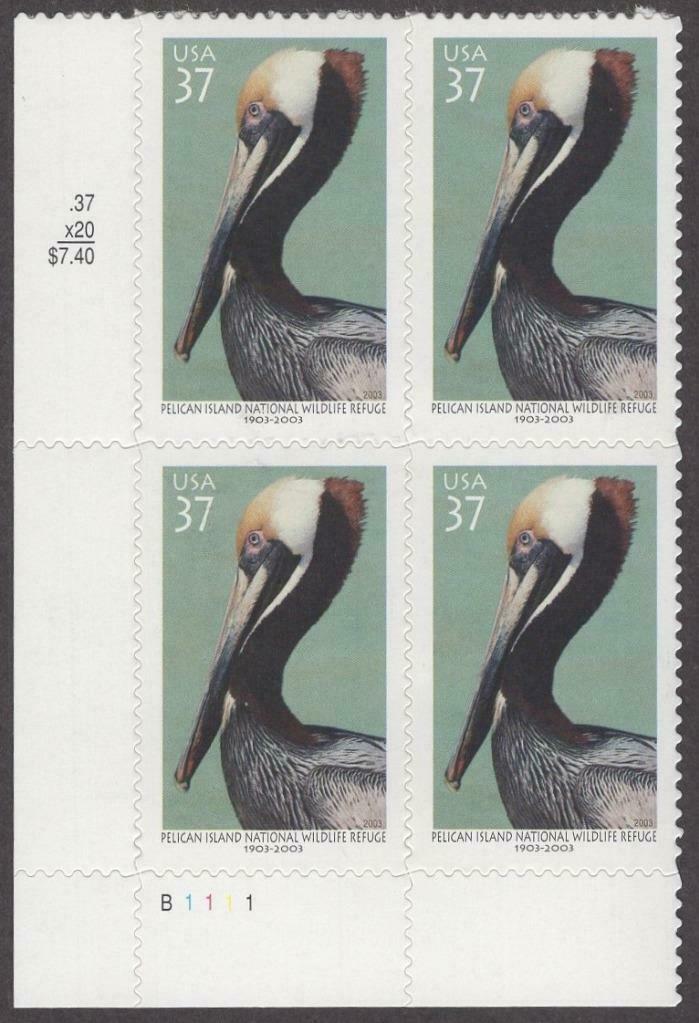 2003 Pelican Island Refuge Plate Block Of 4 37c Postage Stamps - Scott 3774 - MNH, OG - DC122