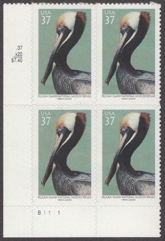 2003 Pelican Island Refuge Plate Block Of 4 37c Postage Stamps - Scott 3774 - MNH, OG - DC122