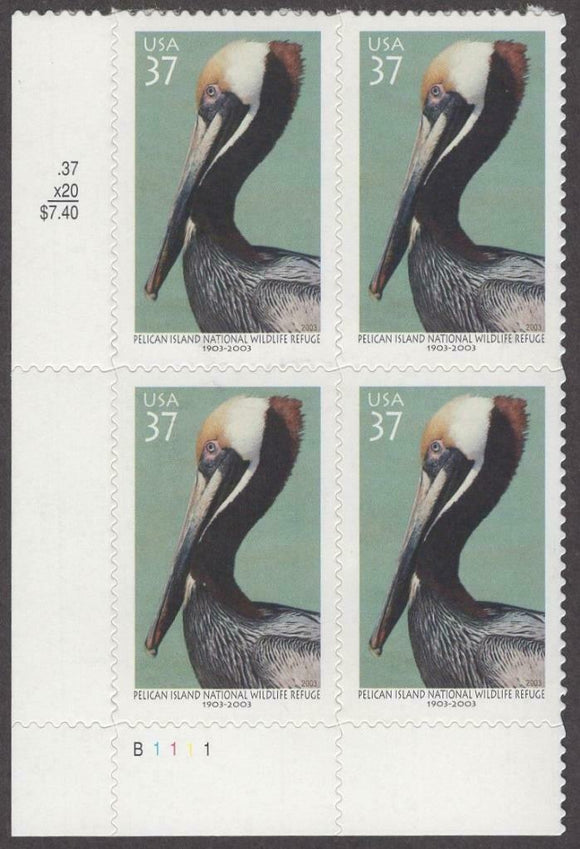 2003 Pelican Island Refuge Plate Block Of 4 37c Postage Stamps - Sc# 3774 - MNH, OG - DC122
