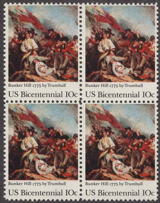 1975 Bicentennial Battle of Bunker Hill Block of 4 Postage Stamps - MNH, OG - Scott 1564