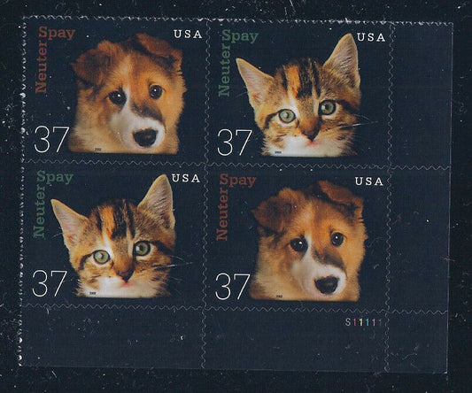 2002 Neuter & Spay Plate Block of 4 37c Postage Stamps - MNH, OG - Scott 3670-3671