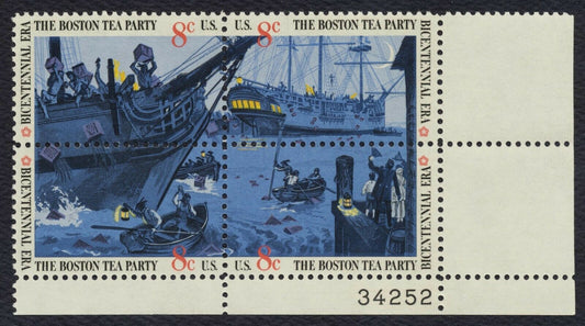 1973 Boston Tea Party Plate Block Of 4 8c Postage Stamps - Scott 1480-1483 - MNH, OG - CX558