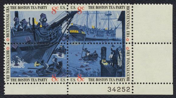 1973 Boston Tea Party Plate Block Of 4 8c Postage Stamps - Sc# 1480-1483 - MNH, OG - CX558
